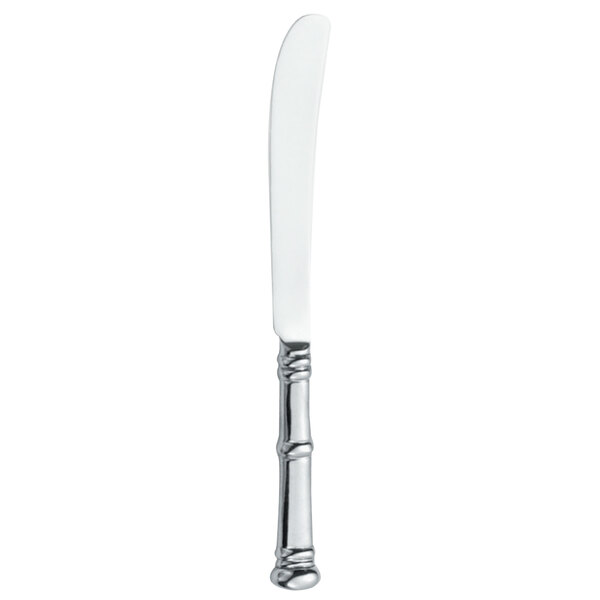 A silver stainless steel butter knife with a solid handle.
