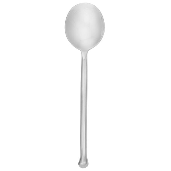 A silver Walco Rustic Tree bouillon spoon with a long handle.