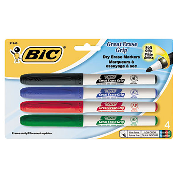 A package of 4 Bic Great Erase Grip fine point dry erase markers in assorted colors.