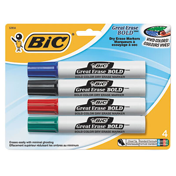 A package of Bic Great Erase Bold assorted color dry erase markers.