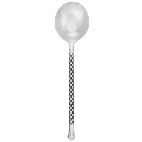A silver Walco bouillon spoon with a checkered handle.
