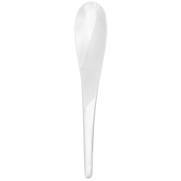 A Walco stainless steel dessert spoon with a white handle.