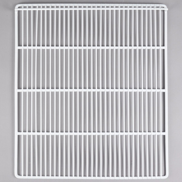A white metal grid shelf with coated wire.