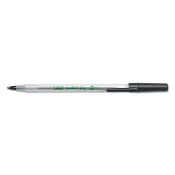 A close-up of a Bic Ecolutions round stick pen with a clear barrel and black ink.