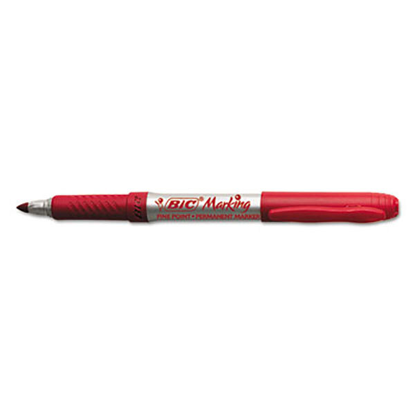 A Bic Rambunctious Red Fine Tip Permanent Marker with a silver tip.