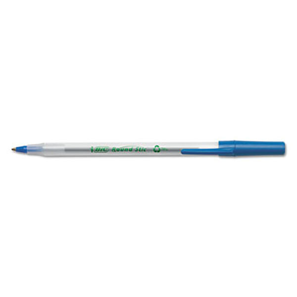 A close-up of a Bic blue and green Ecolutions pen with clear barrel.