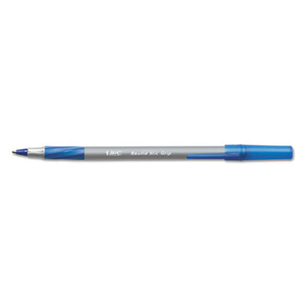 A close-up of a Bic Round Stic Grip blue ballpoint pen with a silver tip.