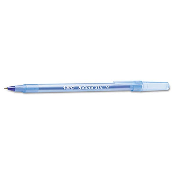 A Bic blue pen with a translucent barrel and white cap.
