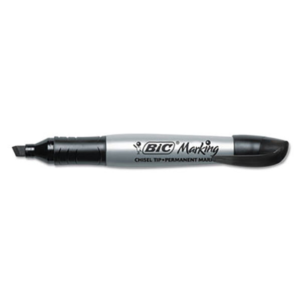 A close-up of a Bic Tuxedo Black chisel tip permanent marker.