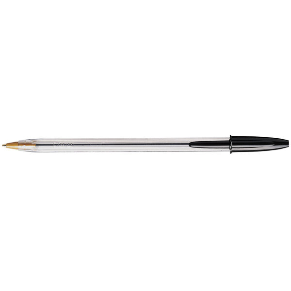 The tip of a Bic Cristal Xtra Smooth black ballpoint pen with silver accents.