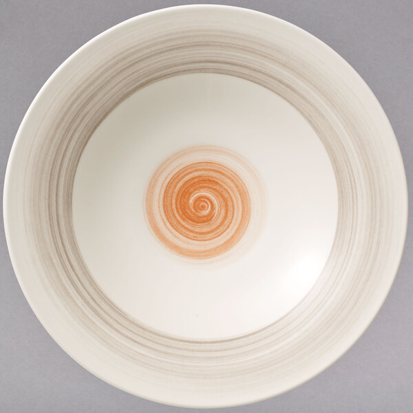 A white porcelain coupe deep plate with a red spiral design on the inside.