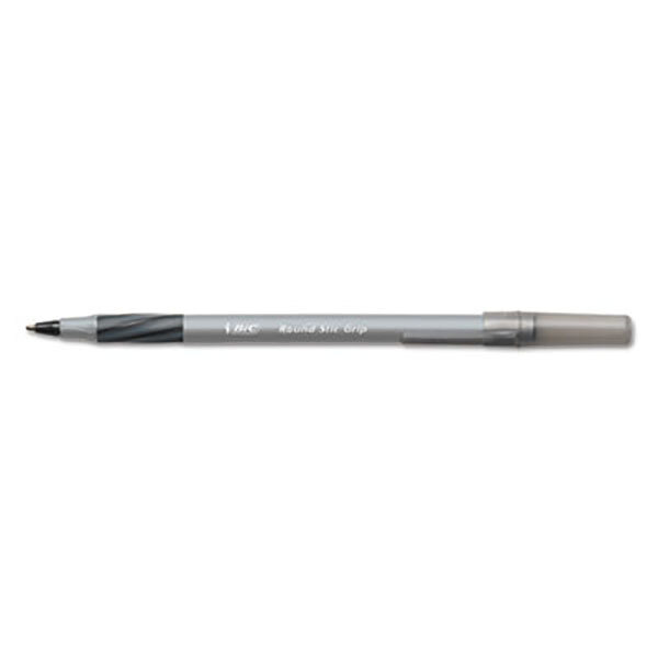 A close-up of a Bic Round Stic Grip Xtra Comfort ballpoint pen with a black tip and silver trim.