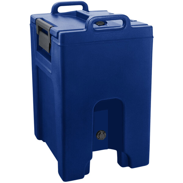 A navy blue plastic Cambro soup carrier with black handles.