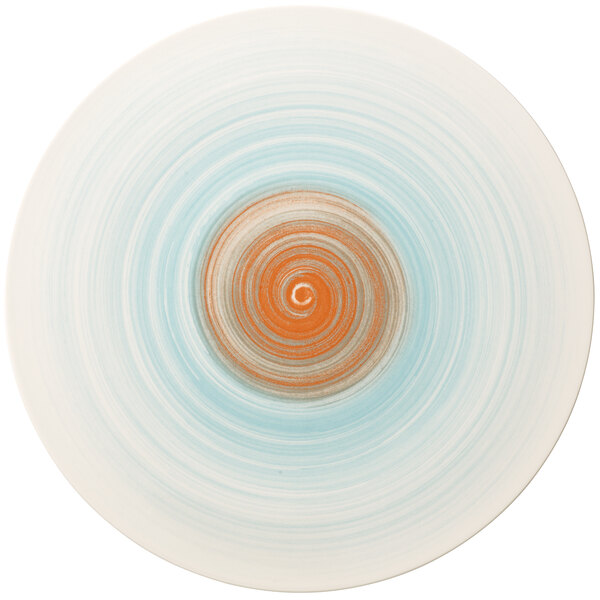 A white porcelain coupe plate with blue and orange swirls.