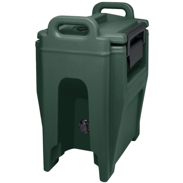 A green plastic Cambro Ultra Camtainer with a handle.
