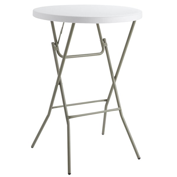 A Lancaster Table & Seating white round heavy-duty plastic folding table with a metal frame.