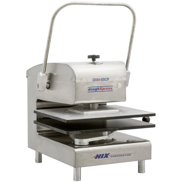 A DoughXpress stainless steel meat press machine with a handle and metal plate.