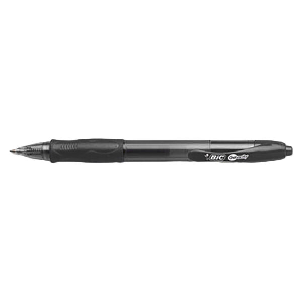 A Bic Gel-ocity black retractable gel pen with black ink and a black barrel.