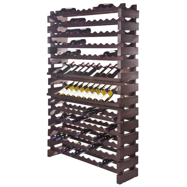 A Franmara stained wooden wall mount wine rack filled with bottles of wine.