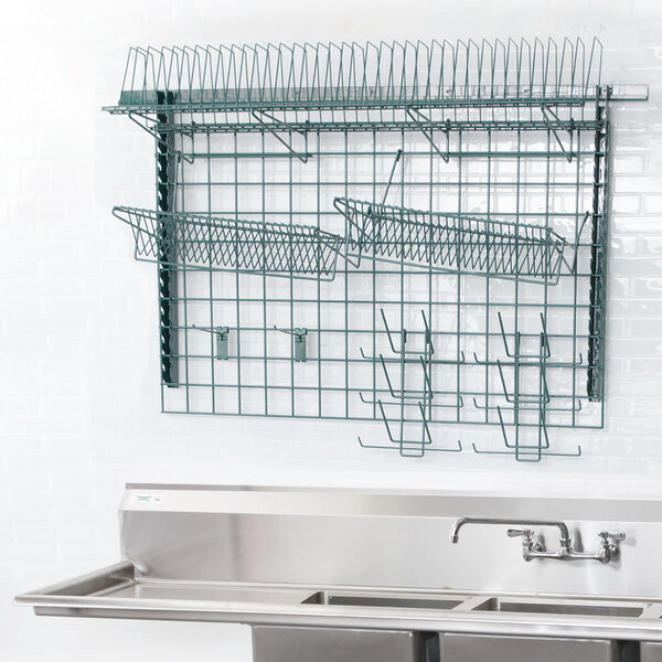 A Metro SmartWall G3 Dish Wash Task Station with a stainless steel sink and a wall shelf.