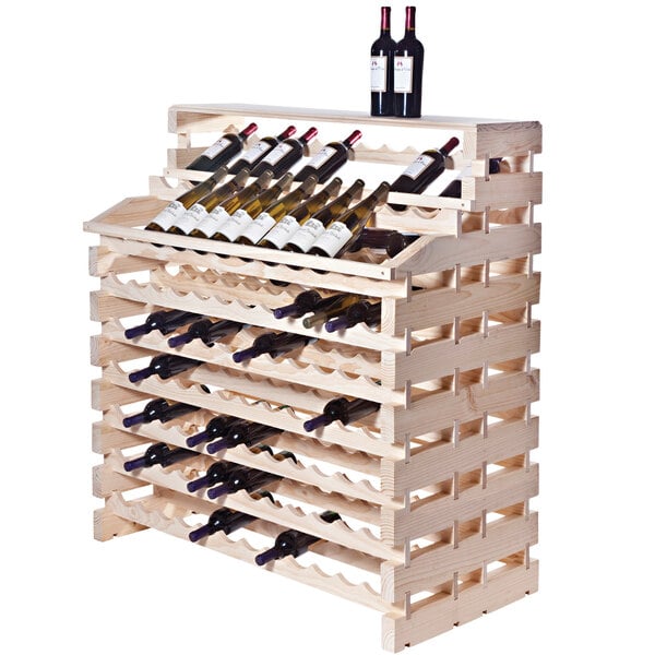 A Franmara wooden wine rack with a row of wine bottles on it.