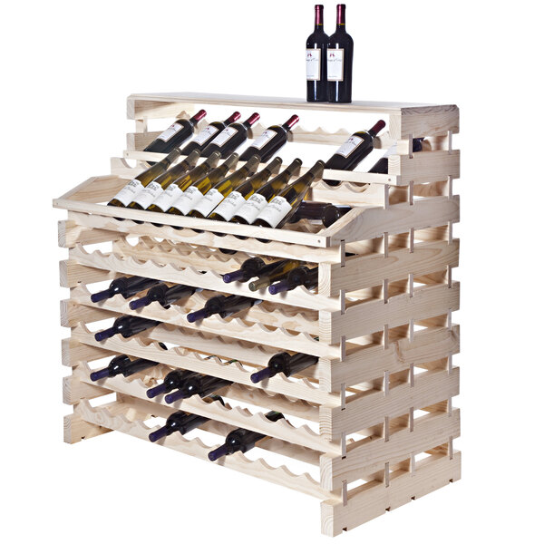 A Franmara natural wooden wine rack holding wine bottles.