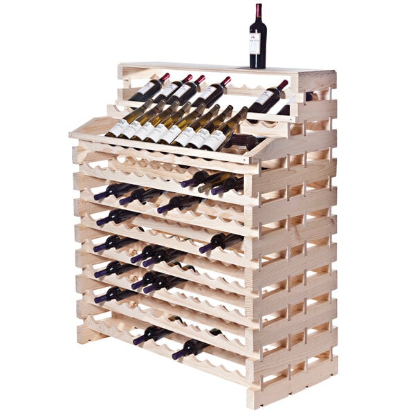 A Franmara Modularack Pro wooden wine rack with bottles of wine on it.