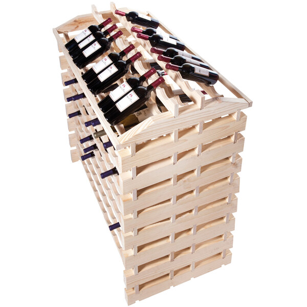 A Franmara natural wooden wine rack with bottles of wine in it.