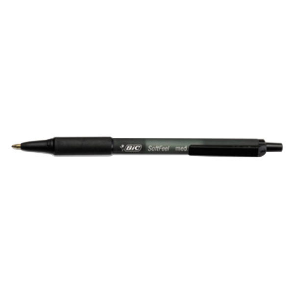A Bic Soft Feel black pen with black cap.