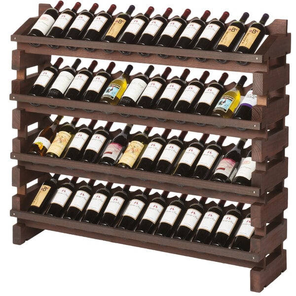 A Franmara stained wooden wine rack full of wine bottles.