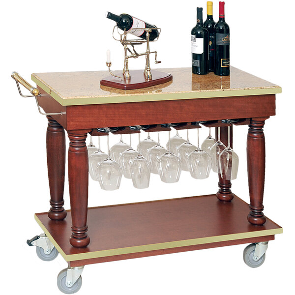 A Bon Chef wine cart with wine glasses and bottles on it.