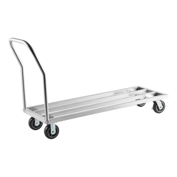 A metal cart with four wheels, a flat slatted platform, and a single upright handle on one end.