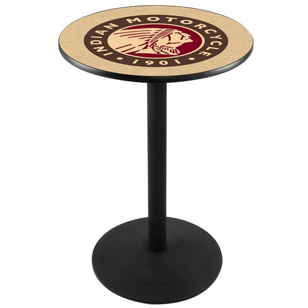 A round black table with a red and brown Indian Motorcycle logo on it.