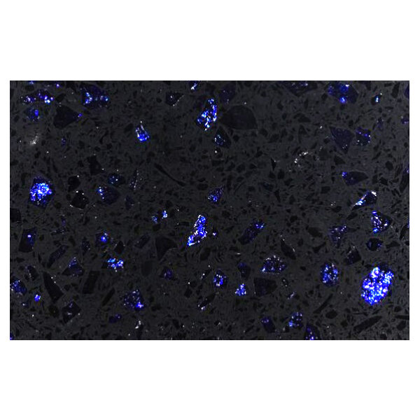 A black table with blue speckled Art Marble Furniture Blue Galaxy Quartz tabletop.