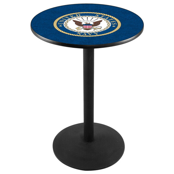 A round navy blue Holland Bar Stool pub table with a United States Navy seal on it.