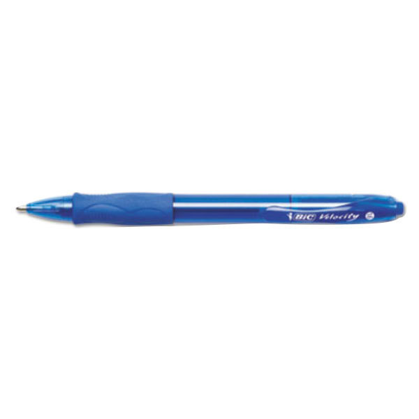 A close-up of a Bic Velocity blue ballpoint pen with a blue tip and barrel.