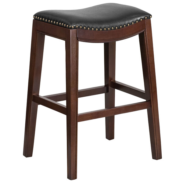 Flash Furniture TA-411030-CA-GG Cappuccino Wood Bar Height Stool with Black Leather Saddle Seat