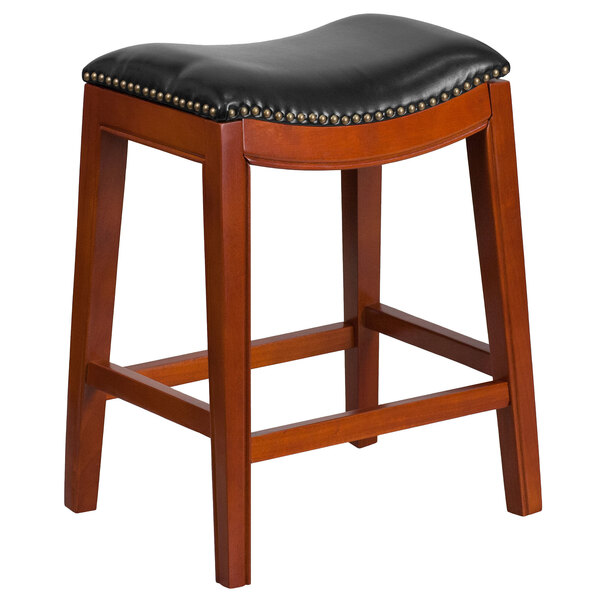 Flash Furniture TA-411026-LC-GG Light Cherry Wood Counter Height Stool with Black Leather Saddle Seat