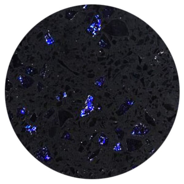 A round black table top with blue speckled galaxy quartz.