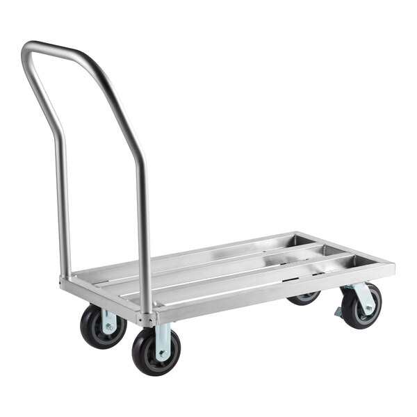 A metal platform cart with four wheels and a single curved handle.