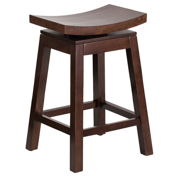 Flash Furniture TA-SADDLE-2-GG Cappuccino Wood Counter Height Stool with Auto Swivel Seat