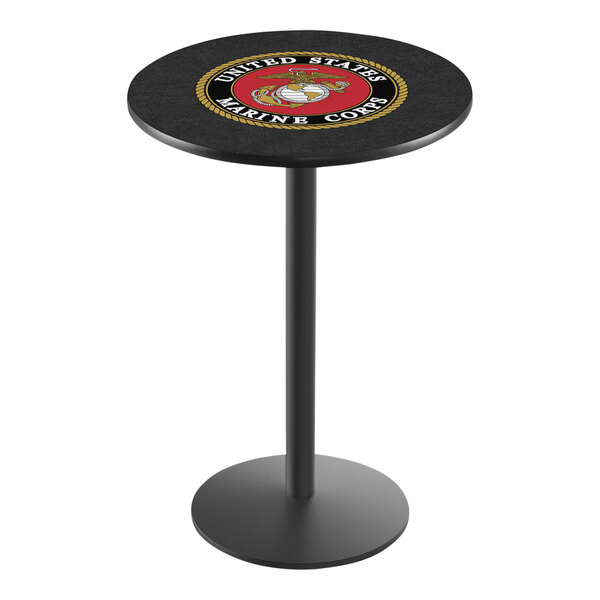 A round black Holland Bar Stool table with a United States Marine Corps logo on it.