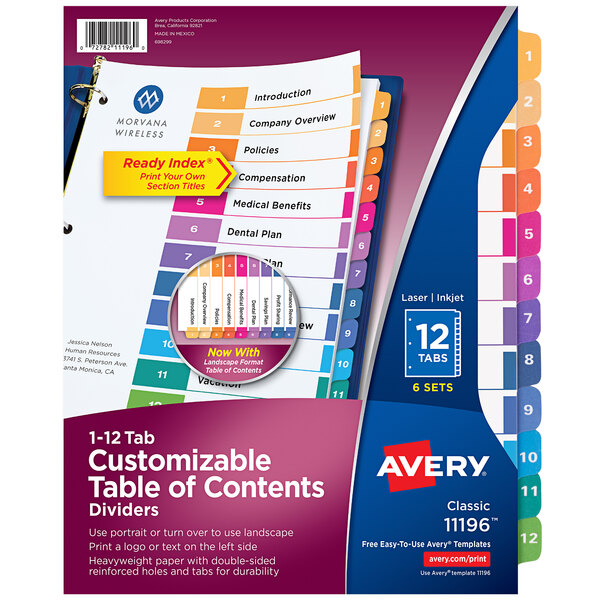 Avery® 11196 Ready Index 12-Tab Multi-Color Table of Contents Divider Set - 6/Pack
