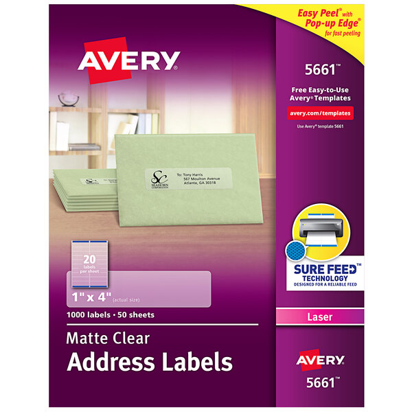 Avery® 5661 1" x 4" Easy Peel Matte Clear Mailing Address Labels - 1000/Box