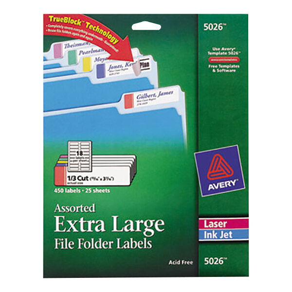 Avery® 5026 15/16" x 3 7/16" Assorted Color X-Large Top Tab 1/3 Cut File Folder Labels - 450/Pack