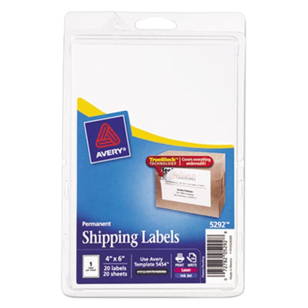 A package of white Avery shipping labels with a blue and yellow label.