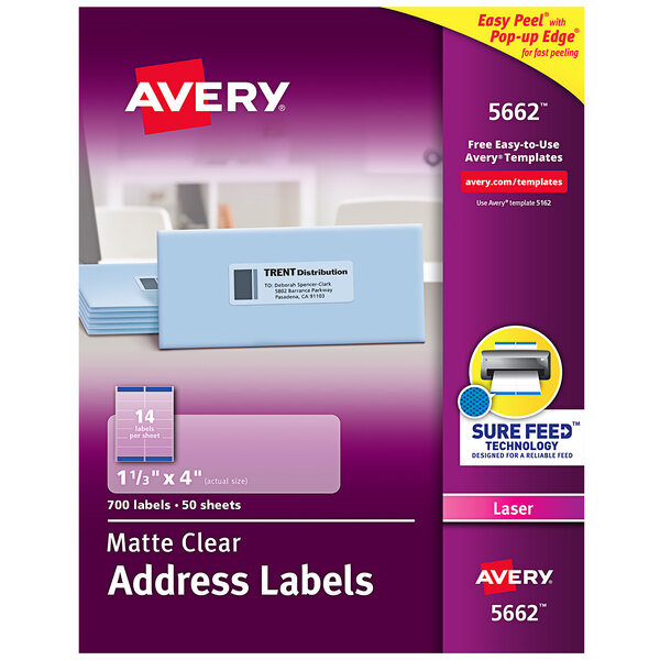 A package of purple and white Avery clear mailing address labels with a label on the box.