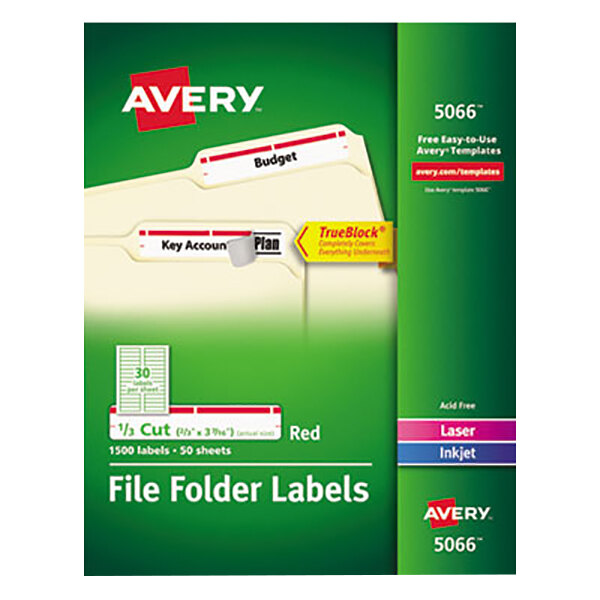 Avery® 5066 2/3" x 3 7/16" White Top Tab 1/3 Cut File Folder Labels with Red Borders - 1500/Box