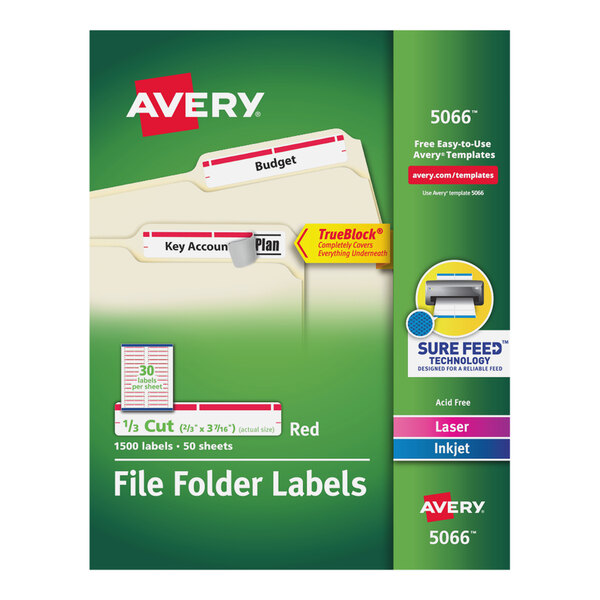 A box of Avery White File Folder Labels with Red Borders.
