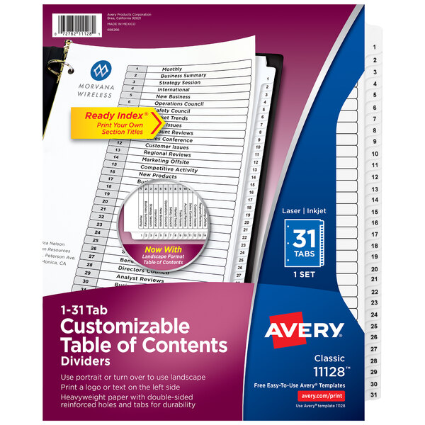 Avery® 11128 Ready Index Day-of-the-Month White Table of Contents Dividers